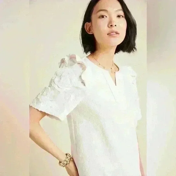 Anthropologie RARE Jacquie Lace Sleeved Top SM by Current Air Ivory Split V Neck - Picture 2 of 10